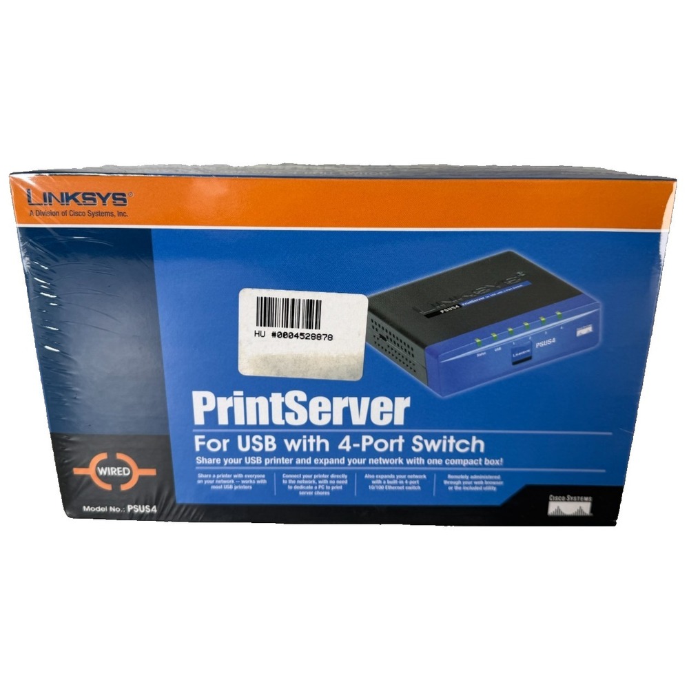 Linksys Cisco PSUS4 PrintServer for USB with 4-port Switch Wired New SEALED